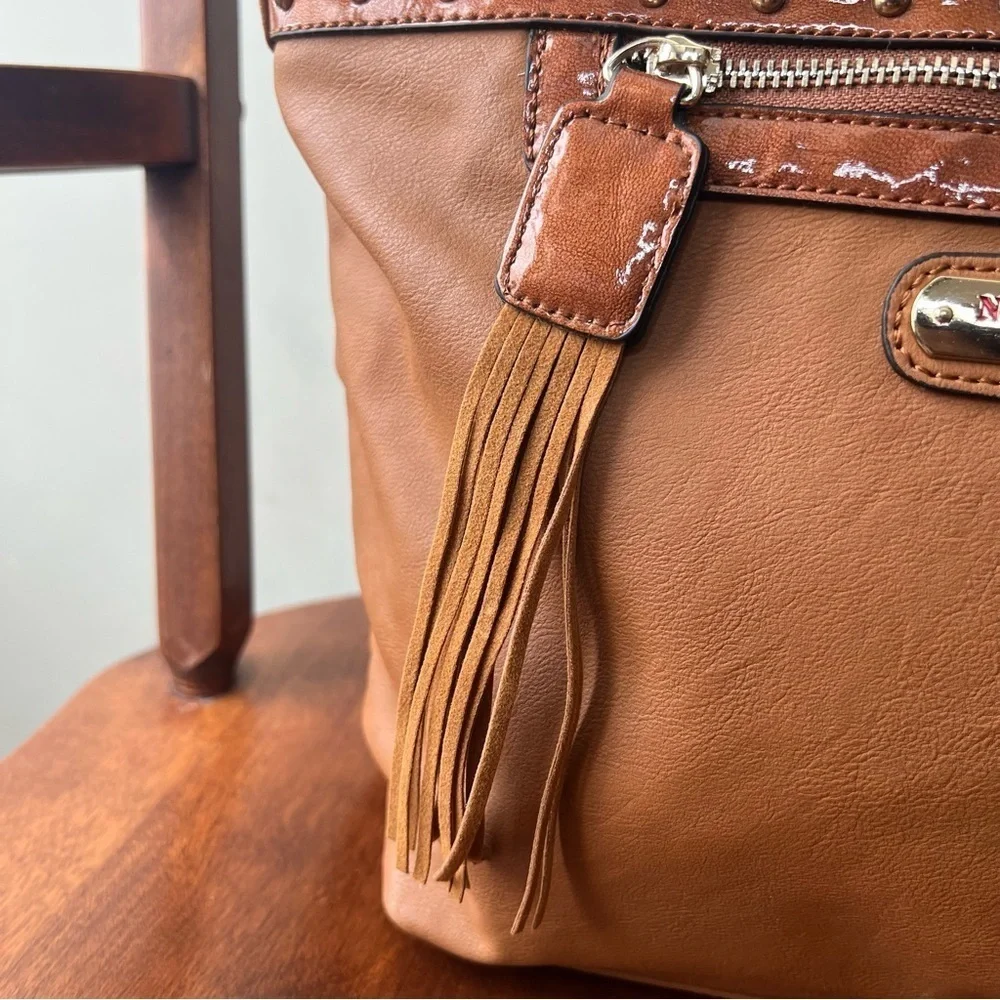 Nicole Lee USA brown studded braided bag faux leather 14 x 11 x 5.5 inches